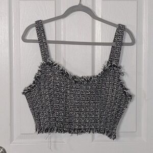 Mare Mare Anthropologie Tweed Crop Top Fringe Sleeveless Black White Size Medium
